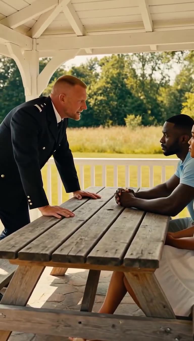 The patrolman glares confrontingly over the wooden table as Marc listens in stoic composure.