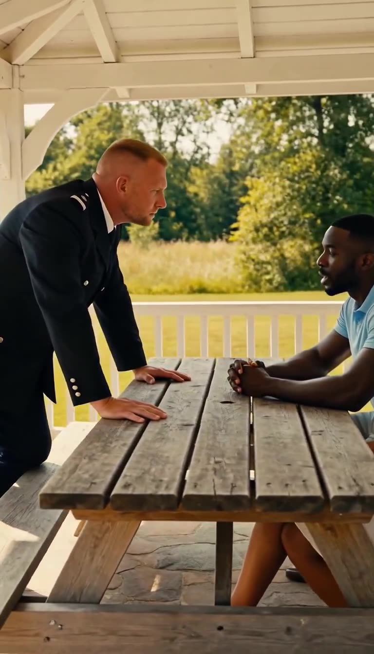 Alexandre locks eyes with Marc across the table as tension reaches a boiling point inside the gazebo.