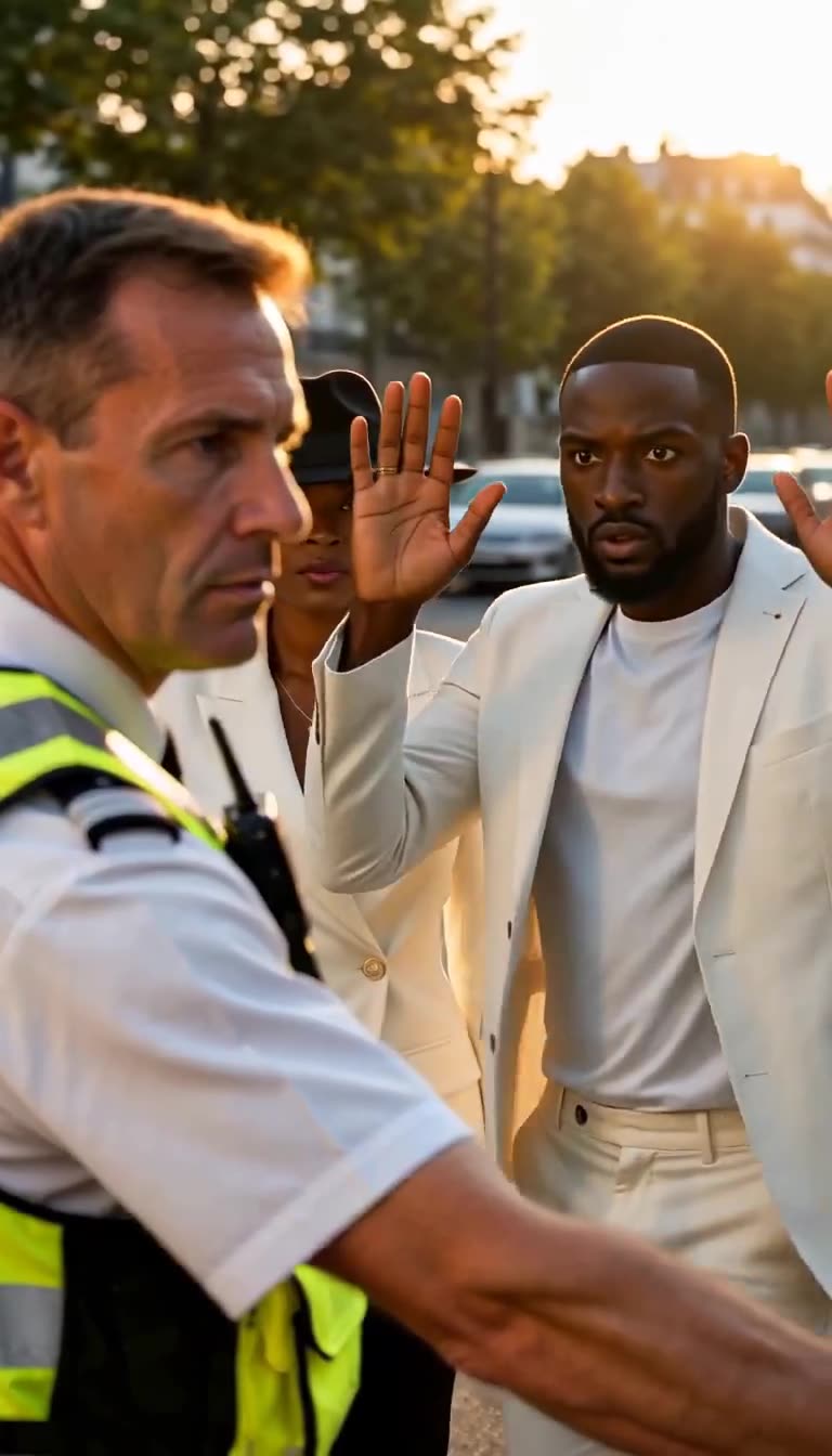 A civilian man raises his hands defensively as an aggressive police officer orders him to freeze.