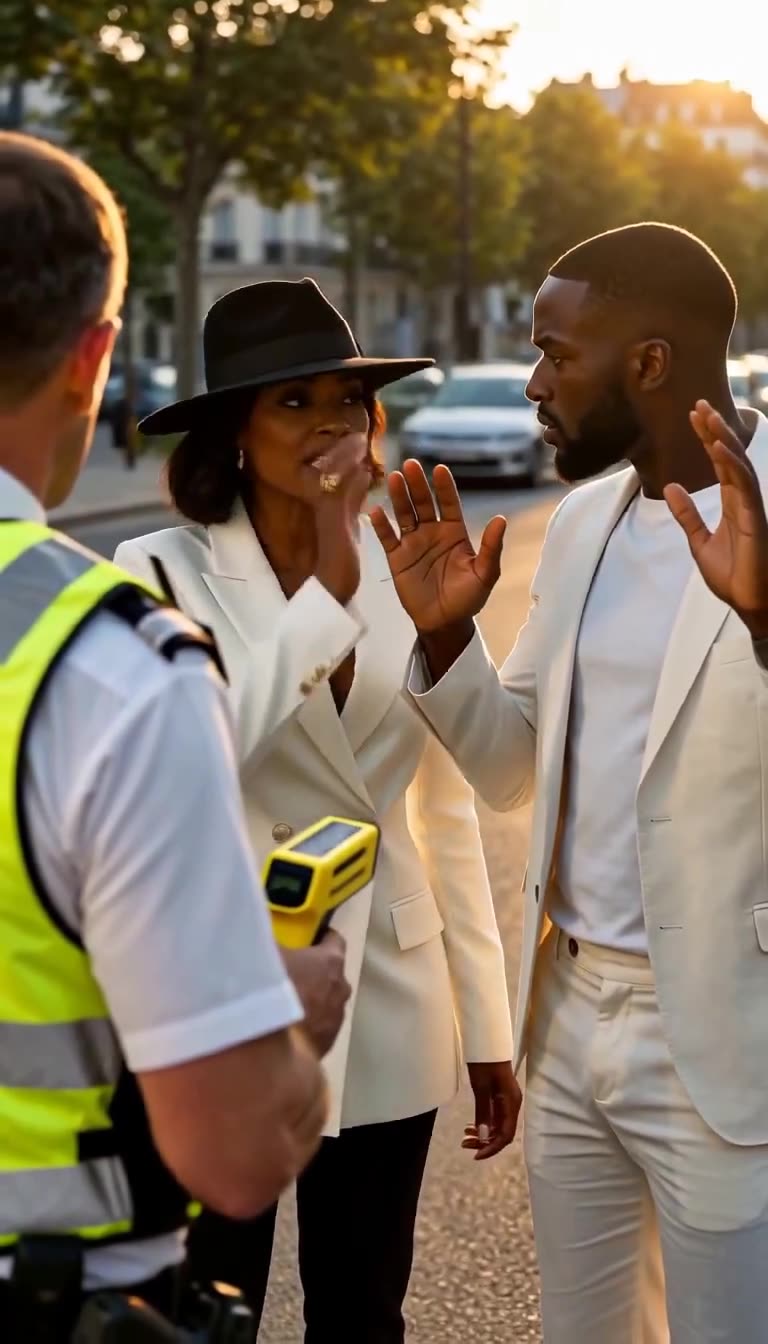 A stylish woman in a fedora raises her hand to intervene as an officer draws a bright yellow weapon.