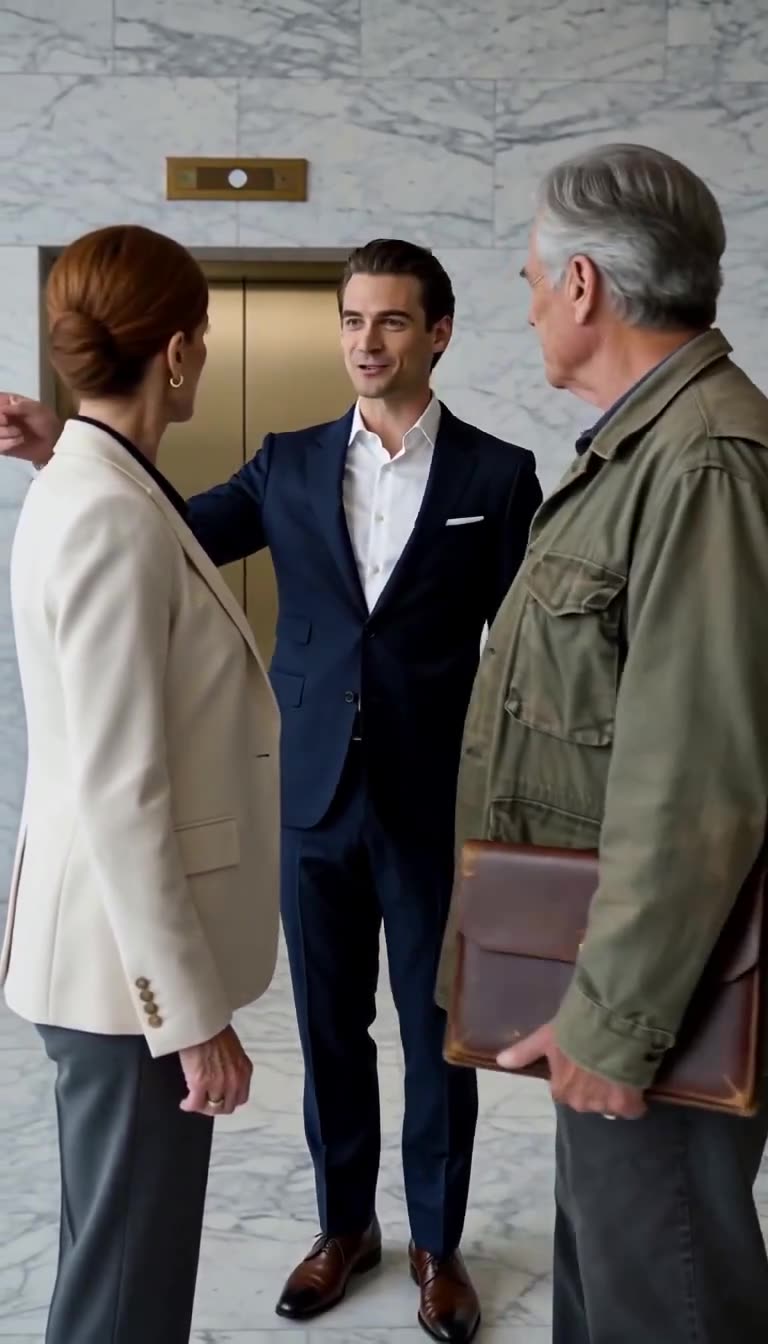 Julian Croft speaks to Claire while Arthur Vance stands calmly with his leather binder
