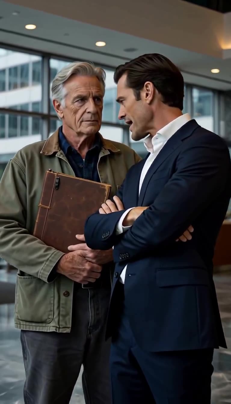 Julian Croft speaks condescendingly down to Arthur Vance who clutches his leather binder