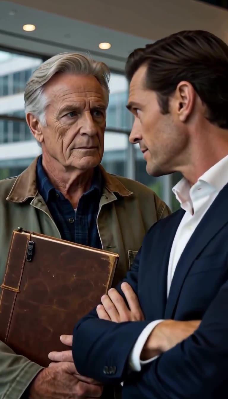 Arthur Vance holds an unflinching gaze as Julian leans in with an arrogant expression