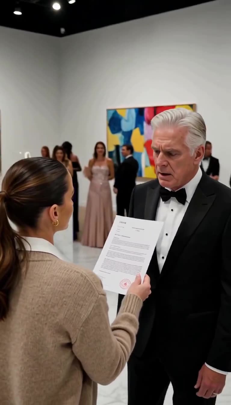 Julian Sterling looks down in shock at the legal deed held before him in the Chicago gallery