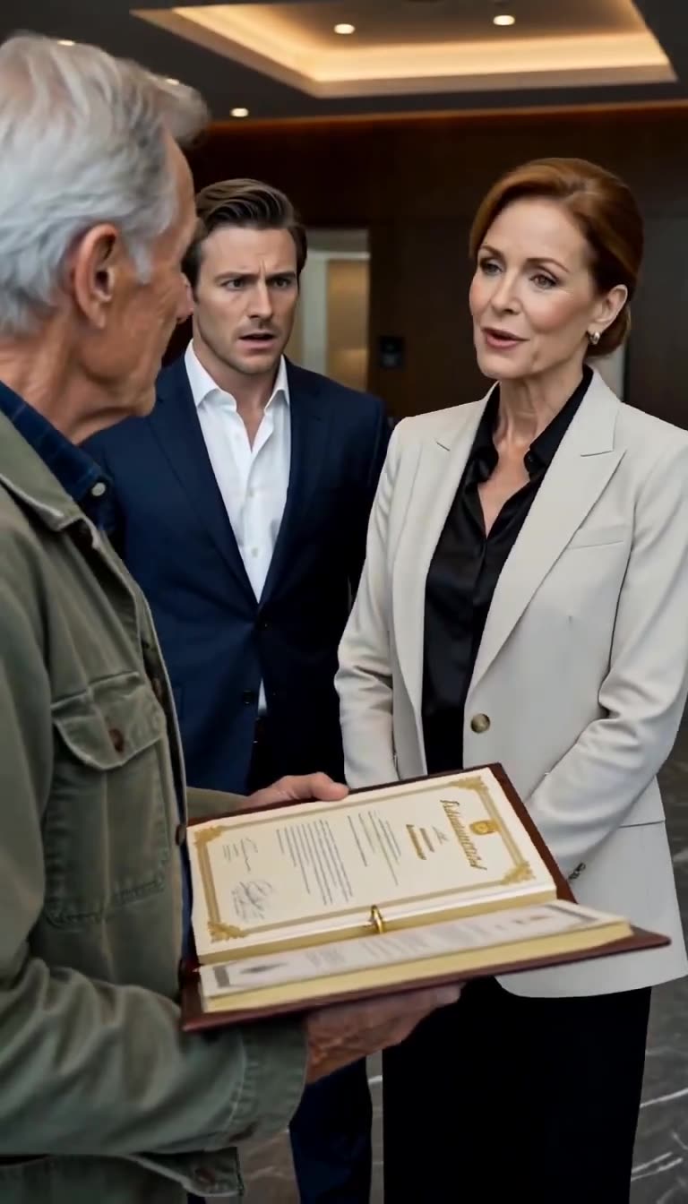Claire Sterling steps forward in shock to inspect the certificate as Julian Croft watches with mounting unease.