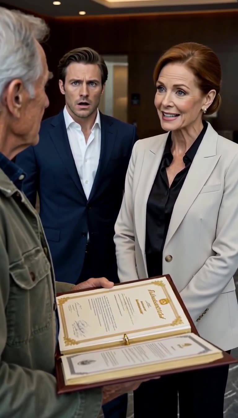 Julian Croft freezes in horror as Claire respectfully welcomes Arthur Vance back to his founding office.