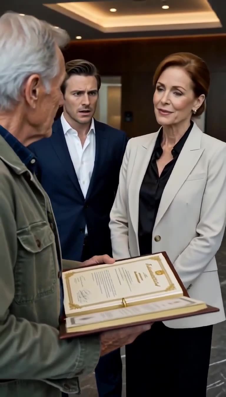 The older man displays the golden founding blueprint while the young executive watches in utter shock.