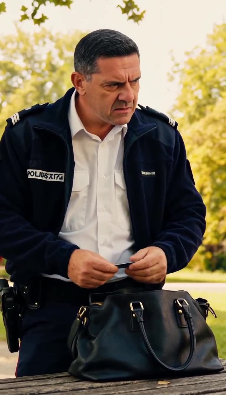 Officer looks closely at a confiscated card pulled from the handbag