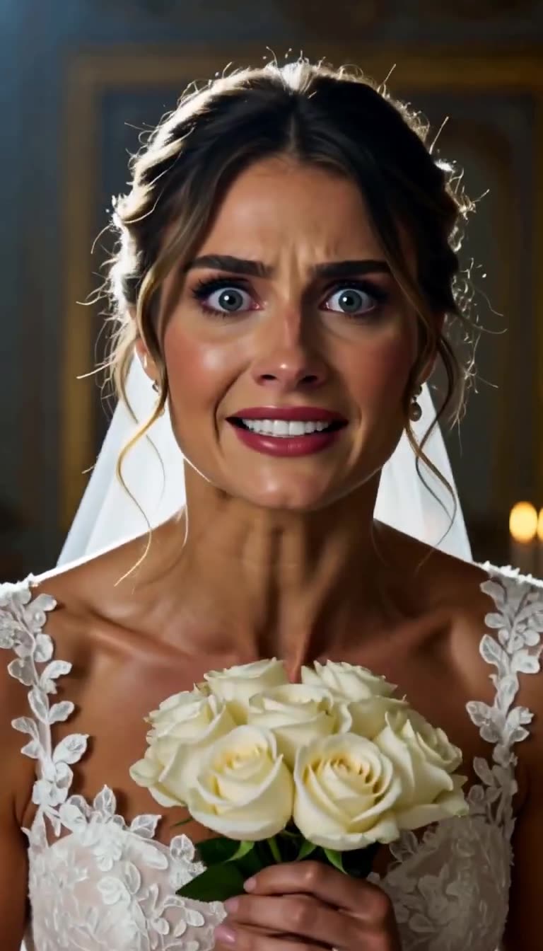 Camille clutching white roses in panic and disbelief during the confrontation