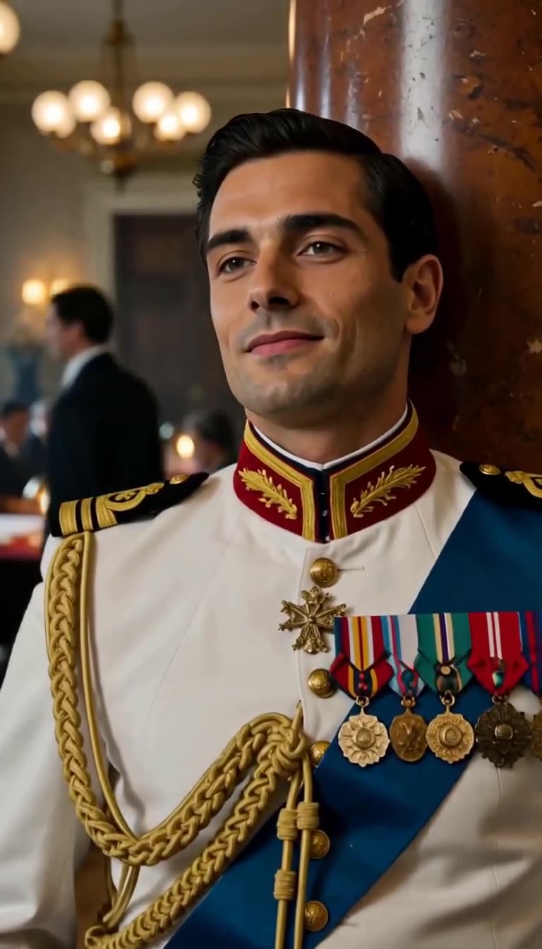 Mercer smirks arrogantly in his medal-covered naval dress uniform.