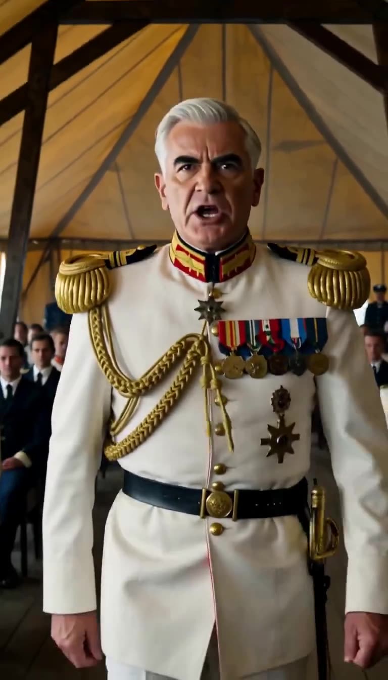 General Hale barking a furious command during the military conference