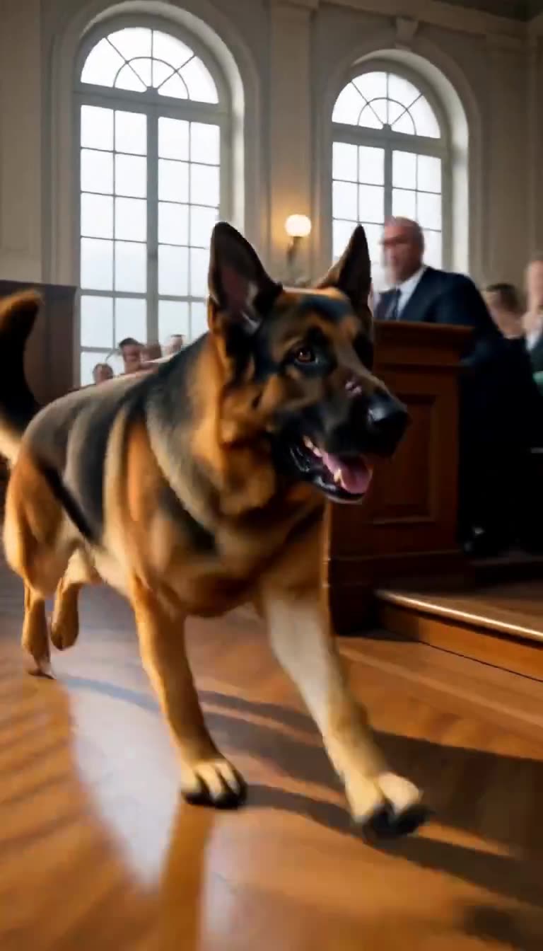 The military K9 sprints down the polished wooden aisle past spectators and oak benches.