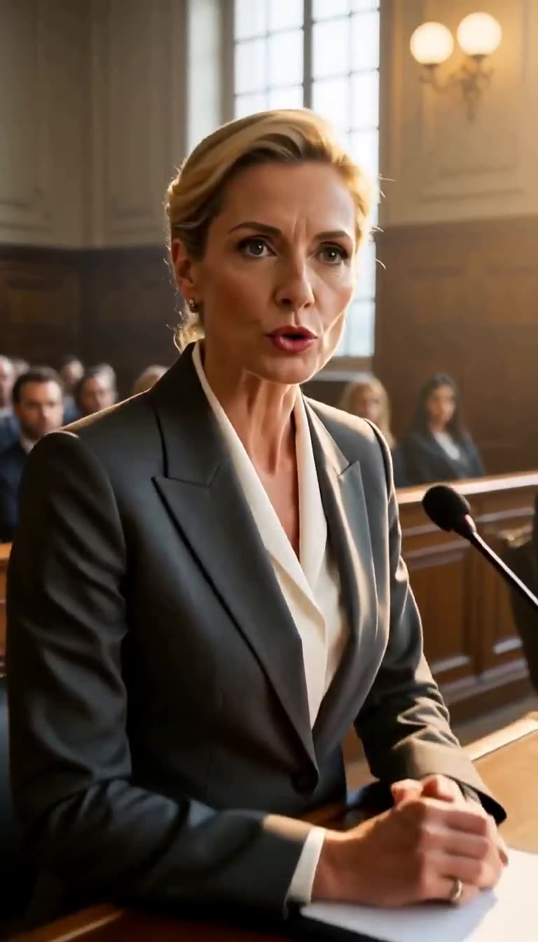 Prosecutor Claire Delacroix speaks firmly into the microphone, accusing the military dog of being uncontrollable.