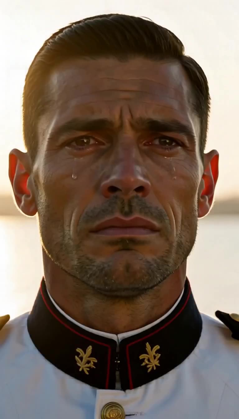 Close-up of Captain Julien Mercer struggling against rising emotion during the hearing