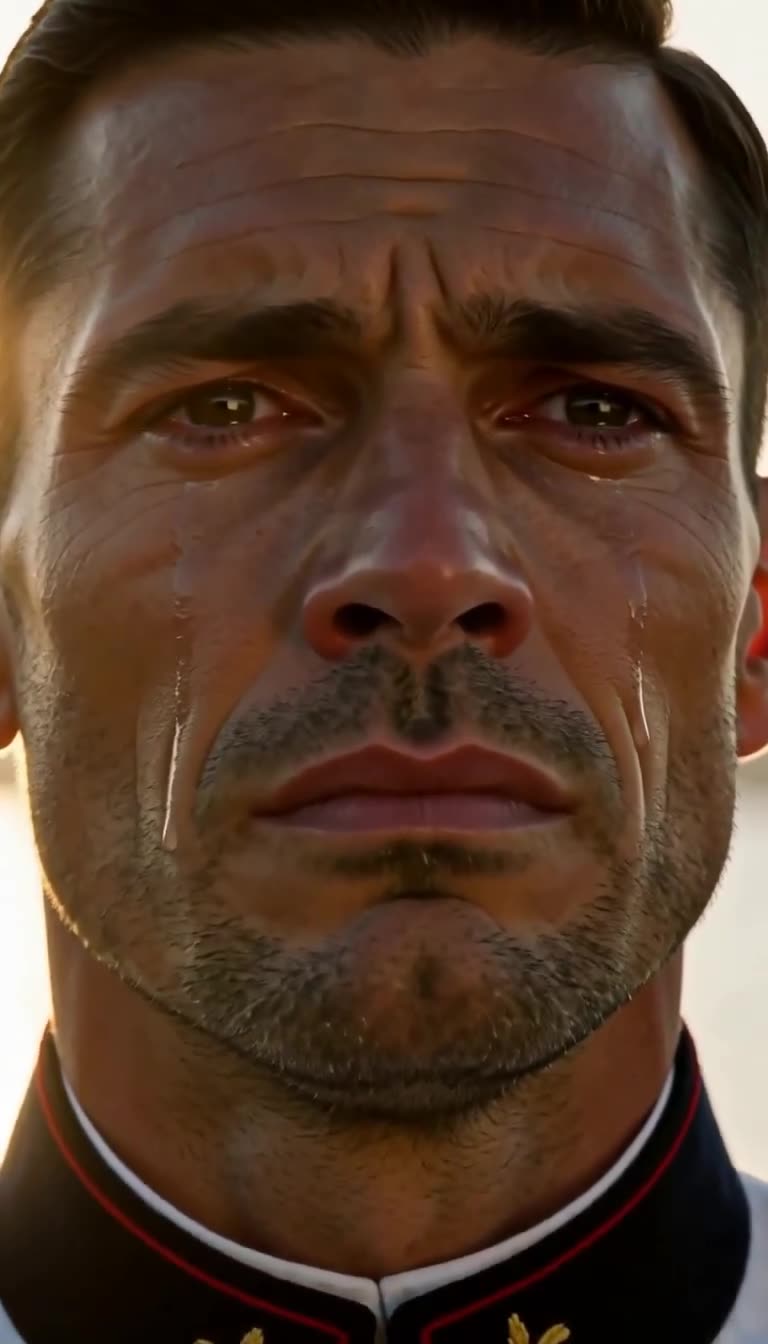 Extreme close-up of tears streaming down the French military captain's weathered face