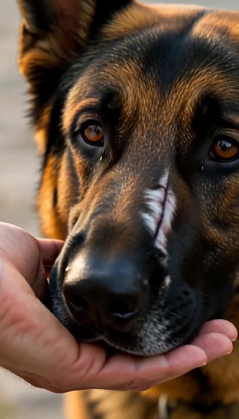 Rex gently rests his battle-scarred muzzle directly into Captain Mercer's cupped hand.