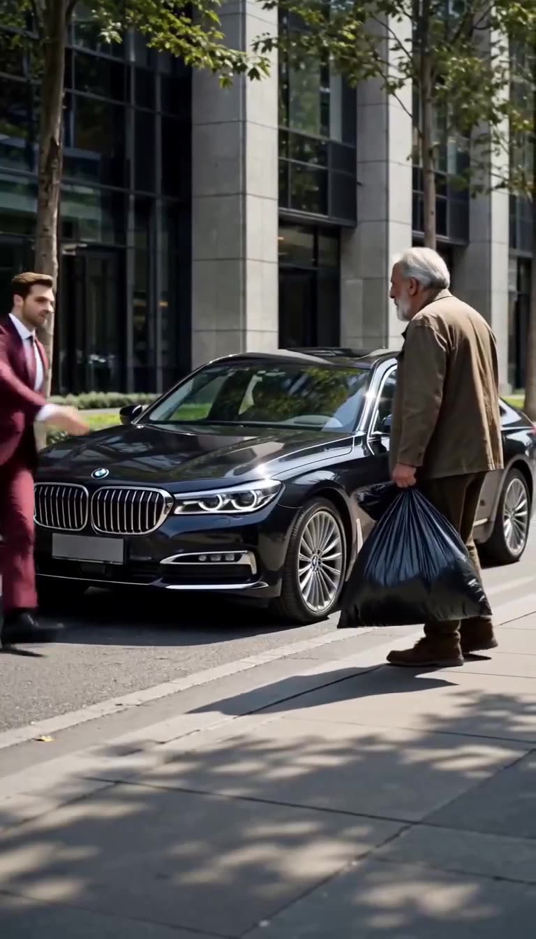 A luxury car driver respectfully opening the door for the elderly man holding a trash bag