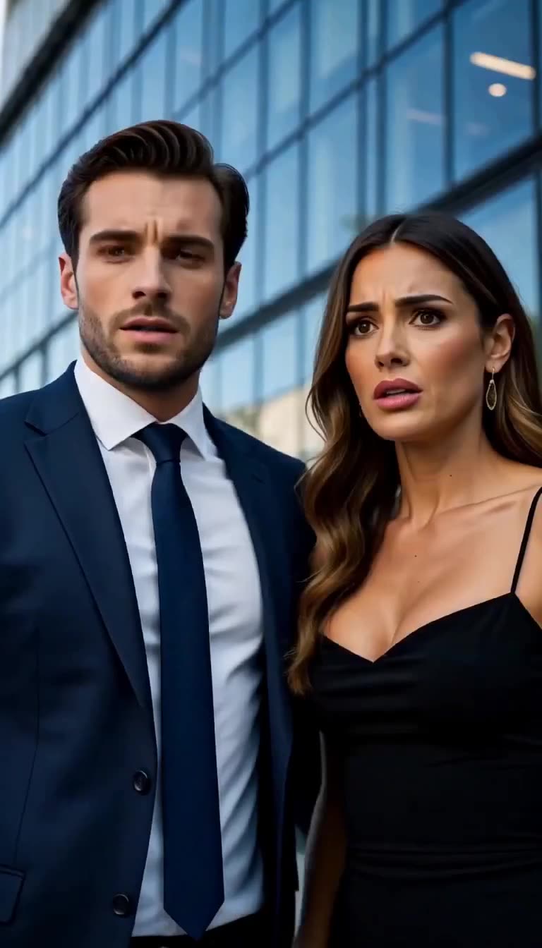 The young executive and woman staring in pure shock and horror after realizing the truth
