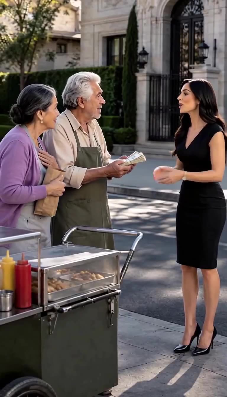 A wealthy woman hands a thick stack of cash to an elderly street vendor couple