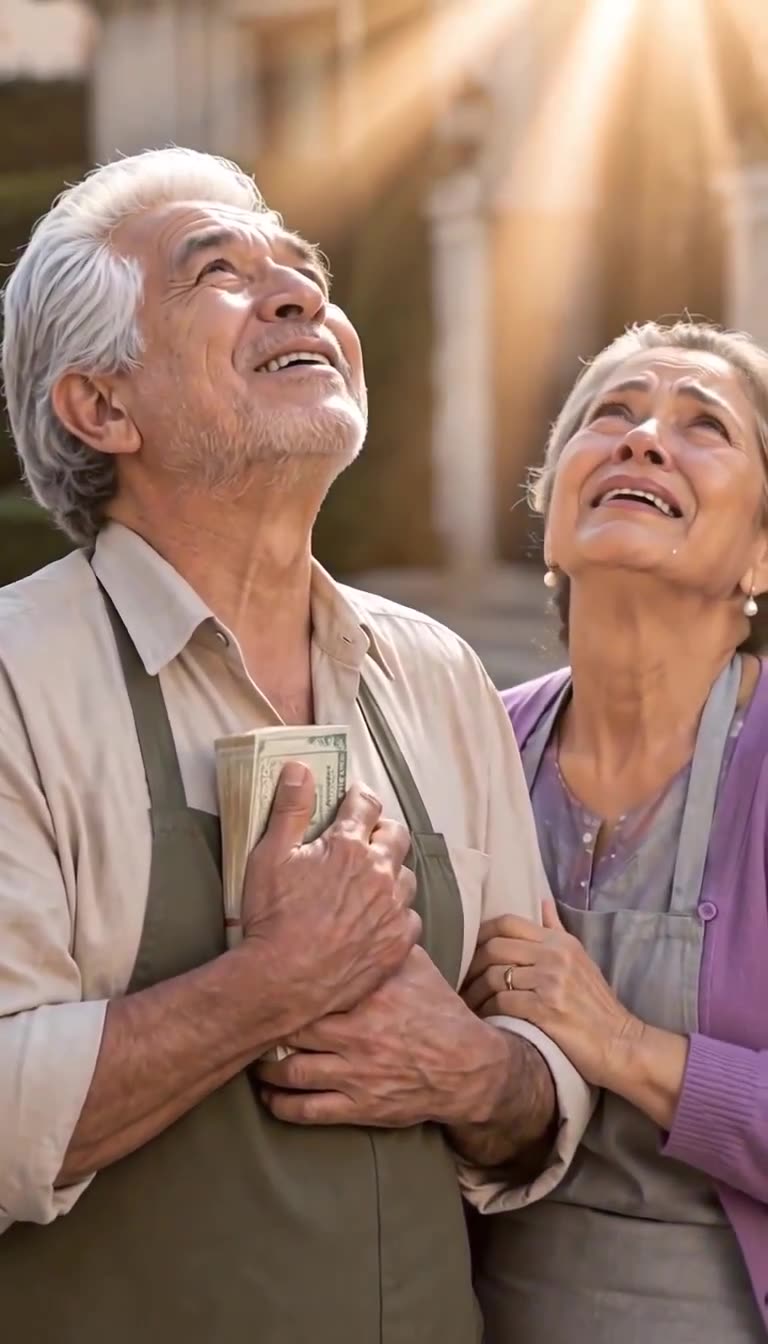 An elderly street vendor clutches a stack of money to his chest while looking up to the sky in tears
