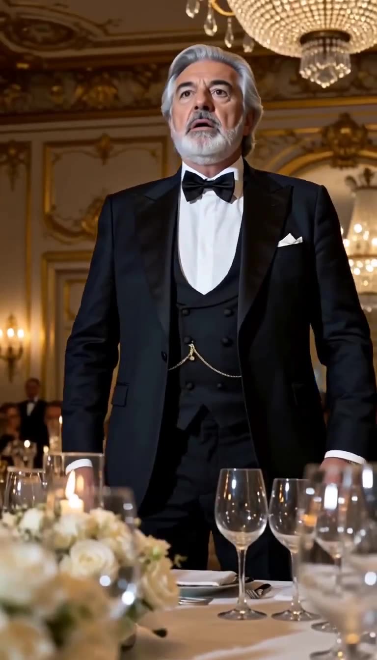 A distinguished silver-haired father-in-law standing up in anger at the wedding table