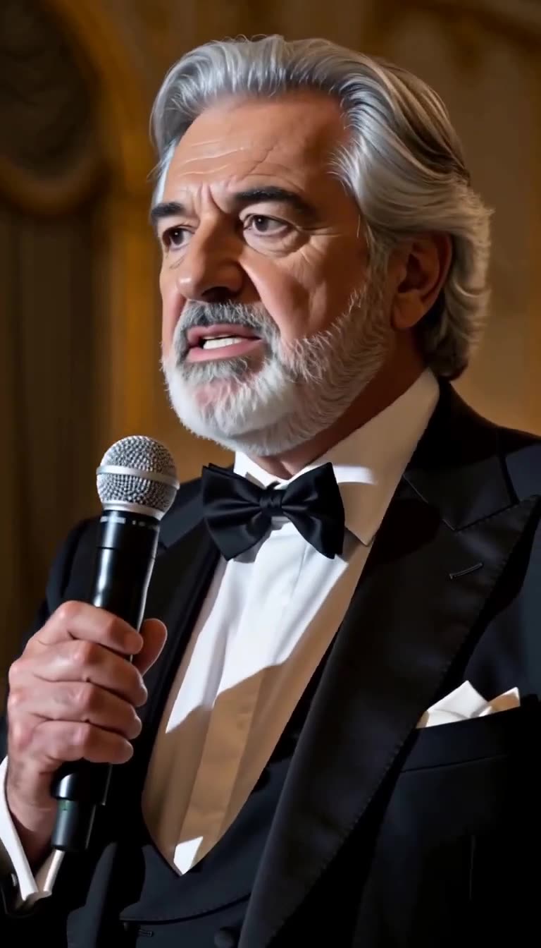 The father-in-law speaking firmly into a microphone to address the guests
