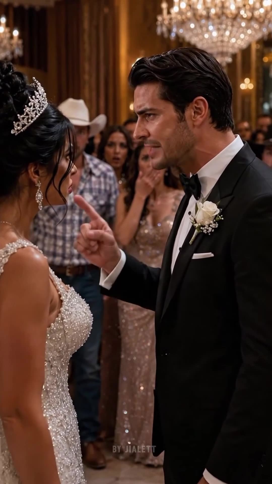 Groom pointing an angry finger at his bride in a luxurious wedding dress