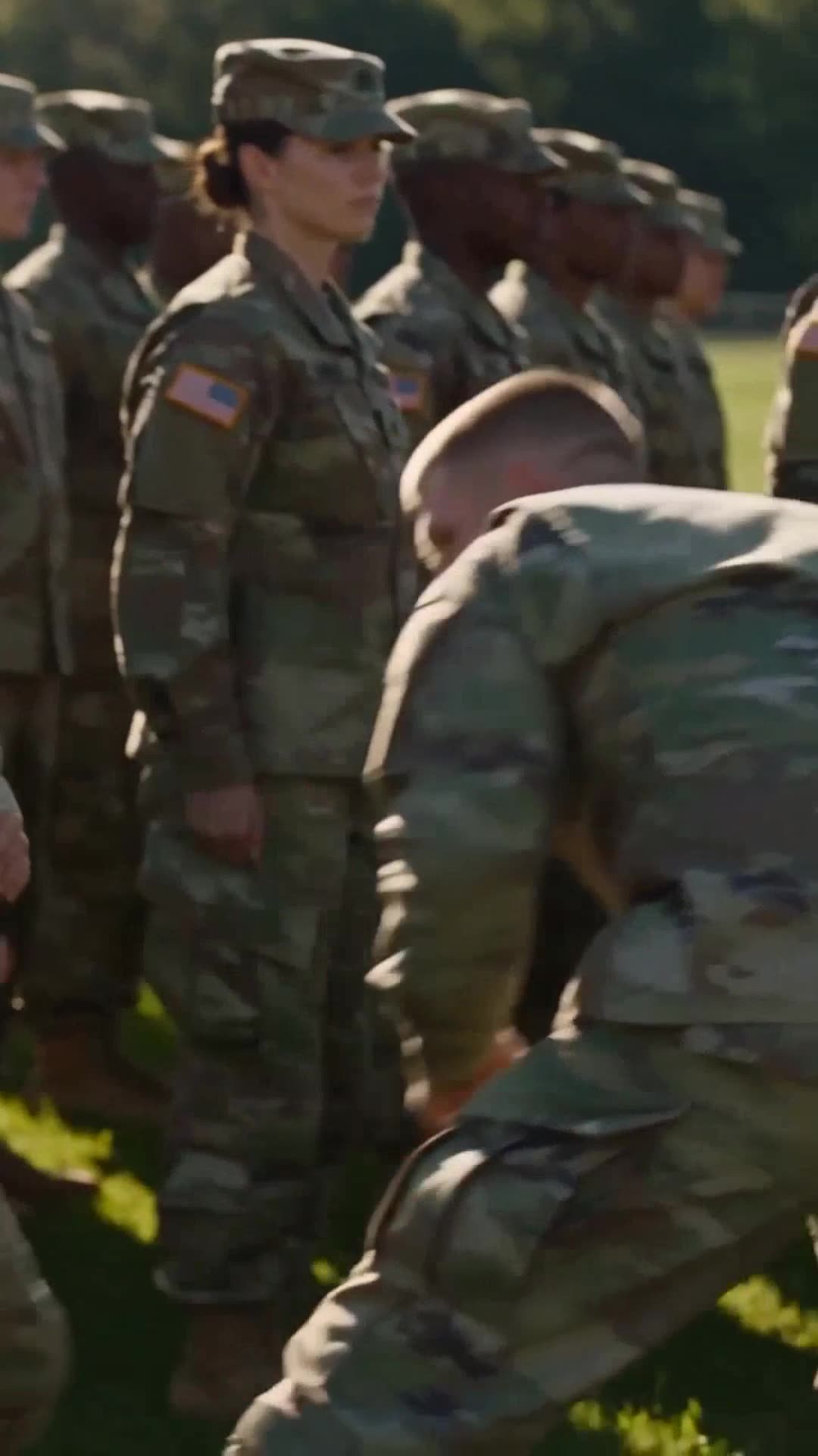 An army sergeant stumbles forward after being parried on the parade ground.