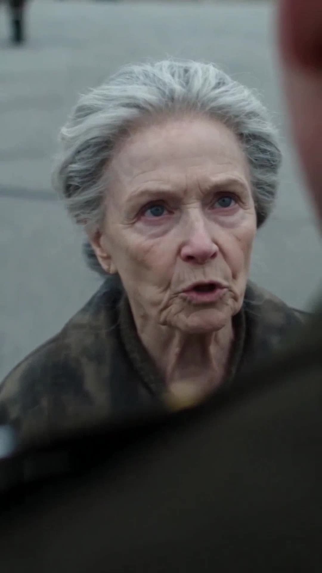 Elderly widow Evelyn Carter speaking firmly and calmly with determined eyes while holding her ground.