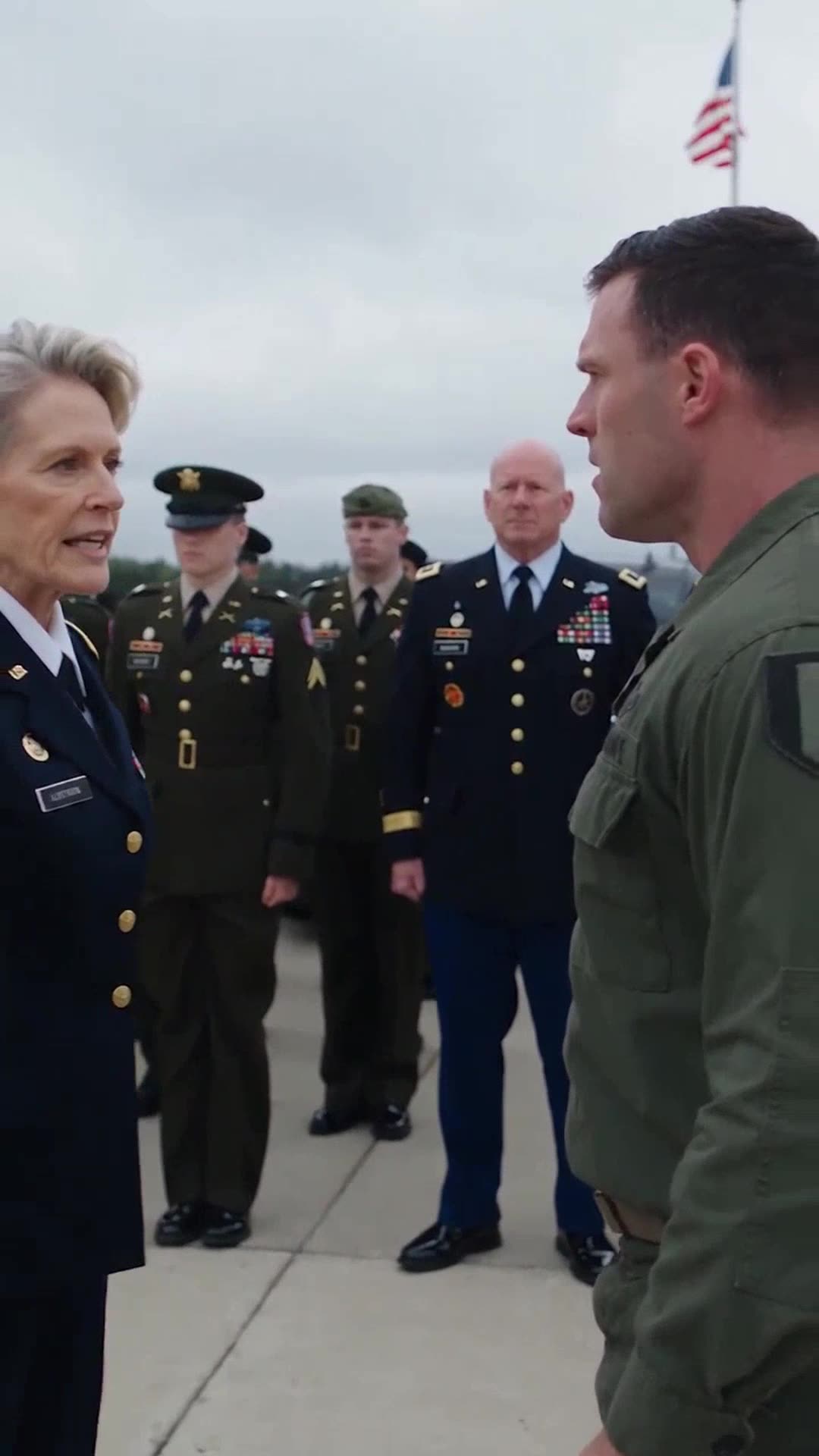 General Victoria Hayes sternly confronts Colonel Reed in front of assembled military troops.